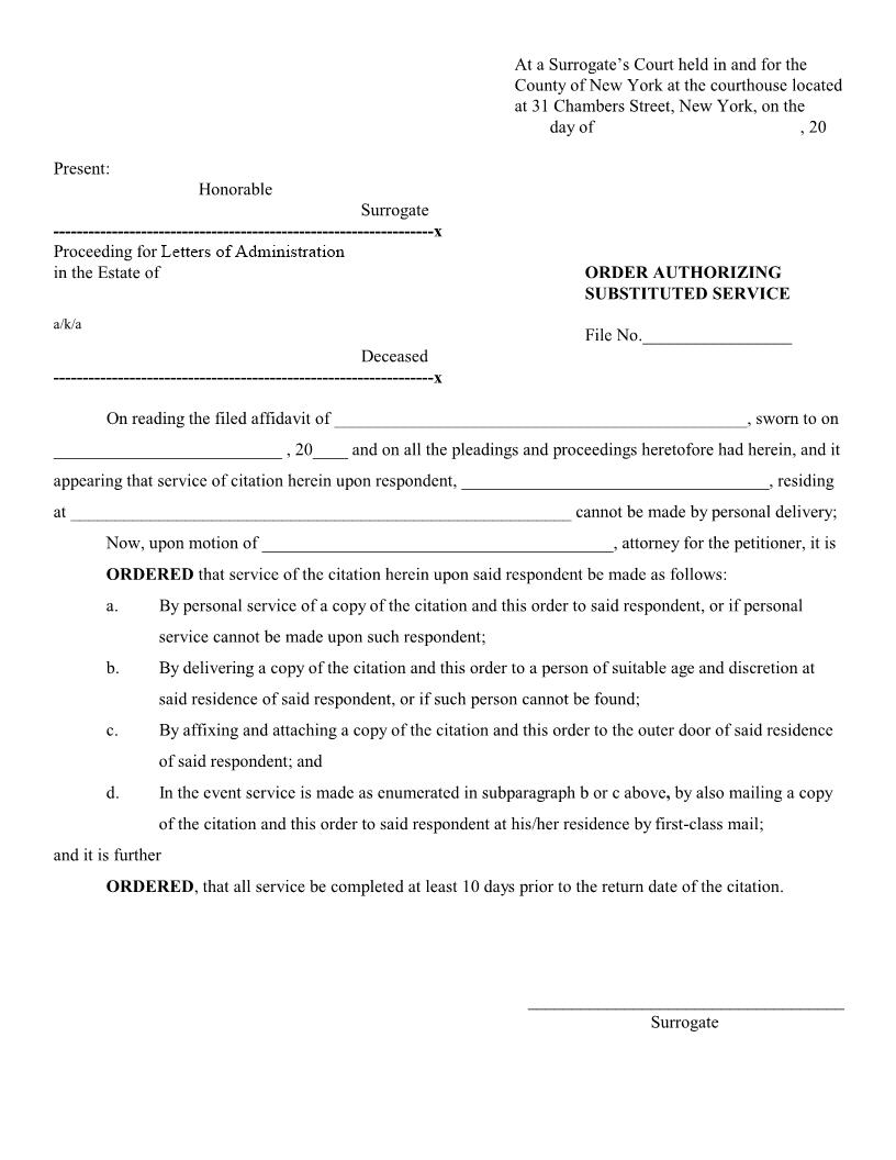 Order Authorizing Substituted Service (Of Citation - Surrogates Court - County Of NY) | Pdf Fpdf Docx | New York