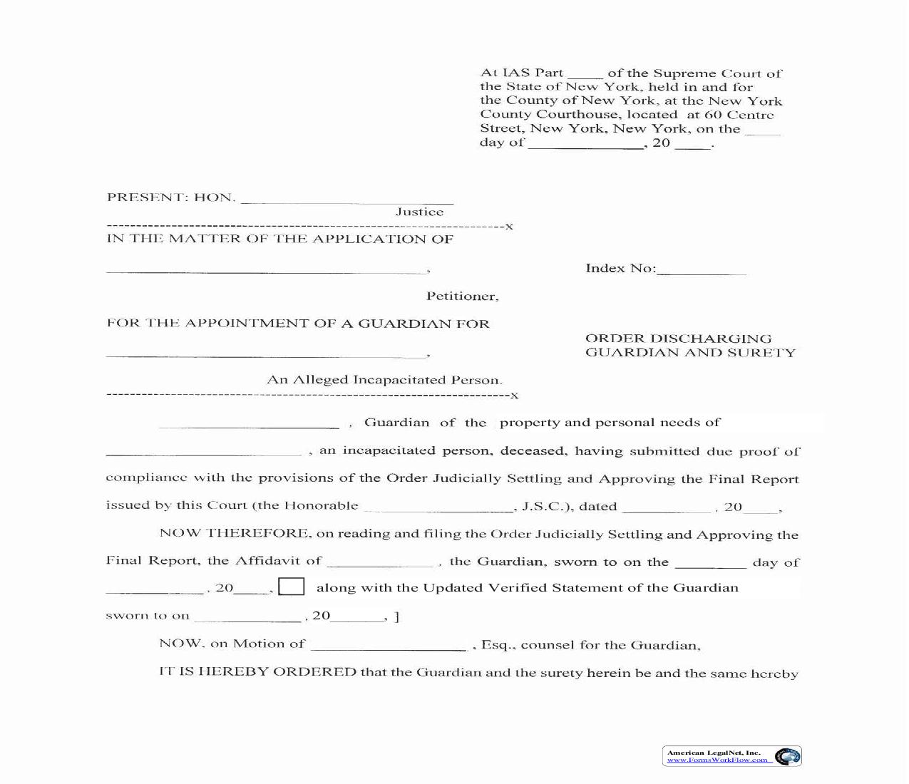 Order Discharging Guardian And Surety (Person And-Or Property) | Pdf Fpdf Doc Docx | New York
