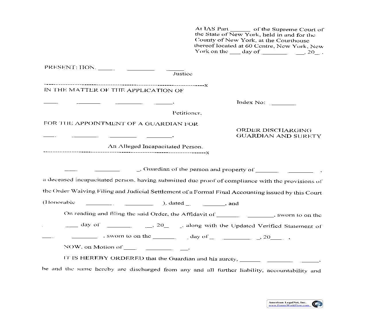 Order Discharging Guardian And Surety | Pdf Fpdf Doc Docx | New York