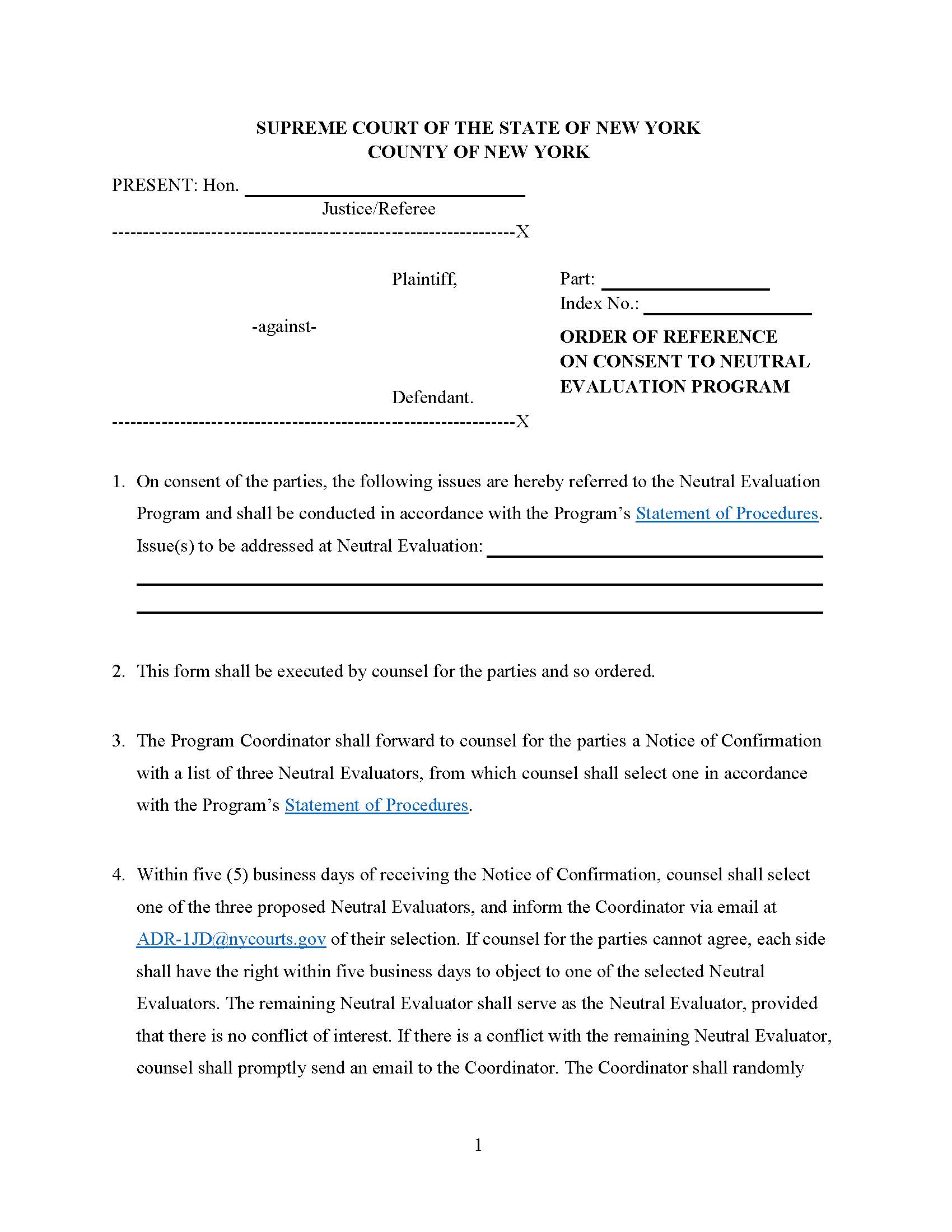 Order Of Reference On Consent To Neutral Evaluation Program | Pdf Fpdf Docx | New York