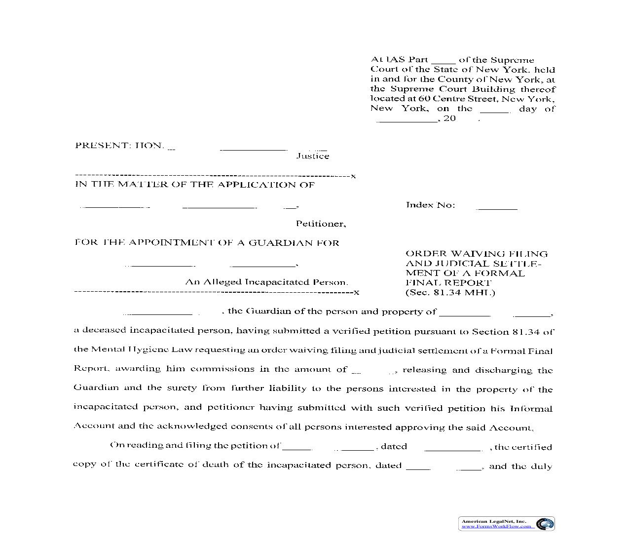 Order Waiving Filing And Judicial Settlement Of Formal Final Account | Pdf Fpdf Doc Docx | New York