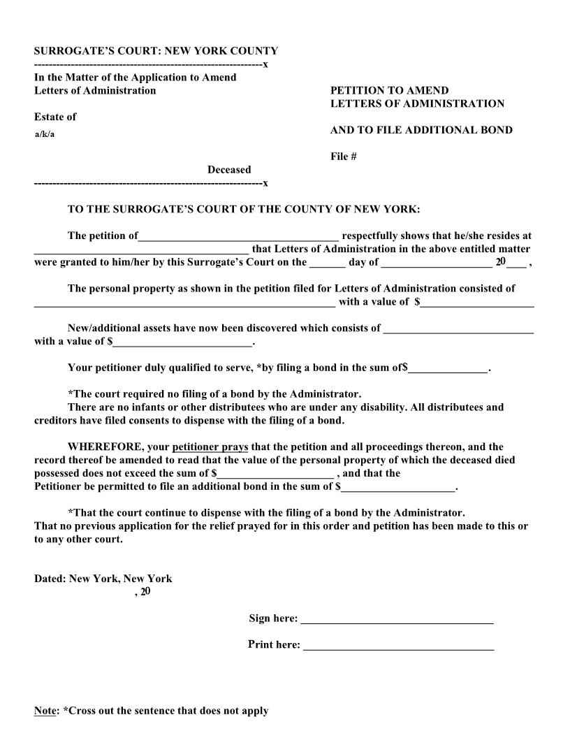 Petition To Amend Letters Of Administration And Order (Surrogates Court - County Of NY) | Pdf Fpdf Docx | New York