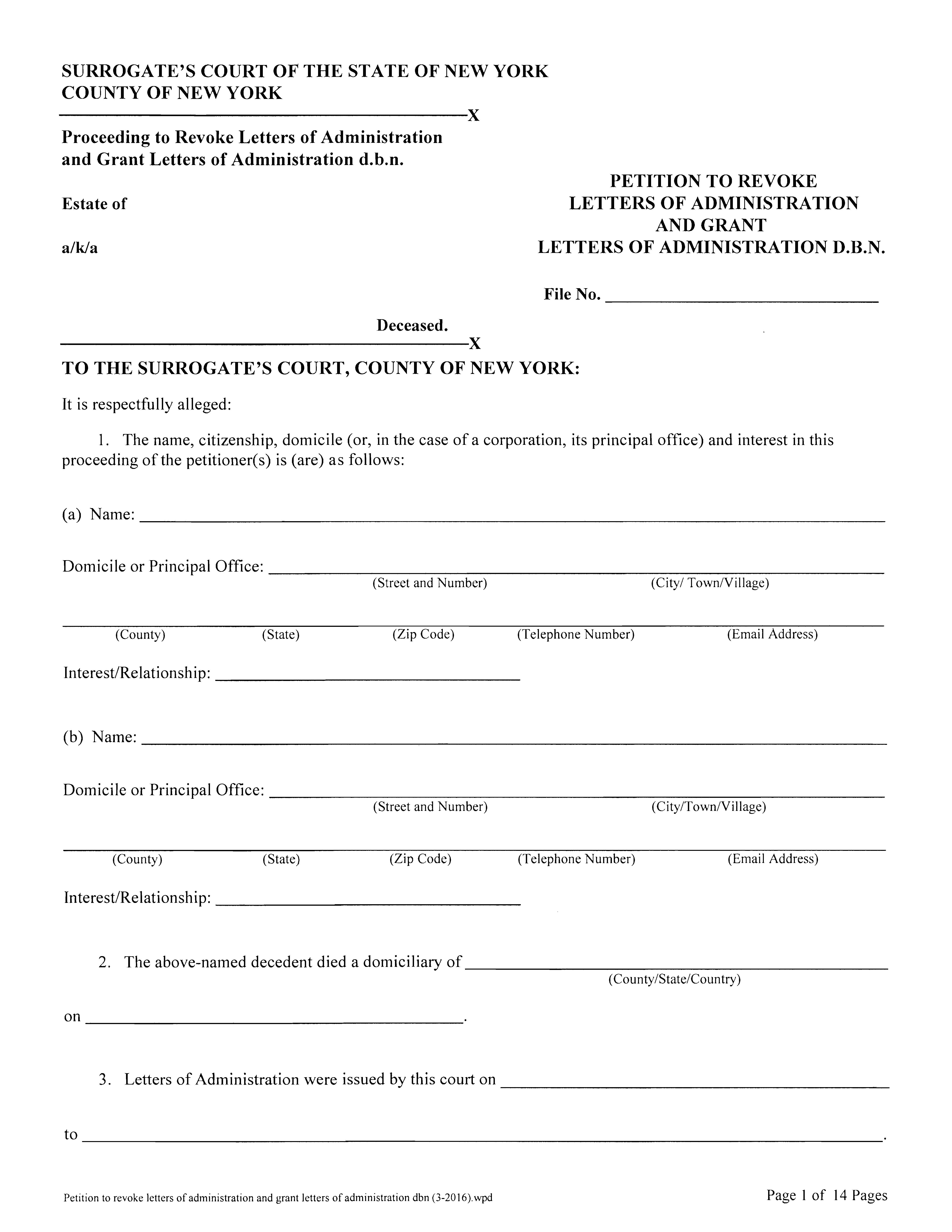 Petition To Revoke Letters And Grant Letters DBN (Surrogates Court - County Of NY) | Pdf Fpdf Docx | New York