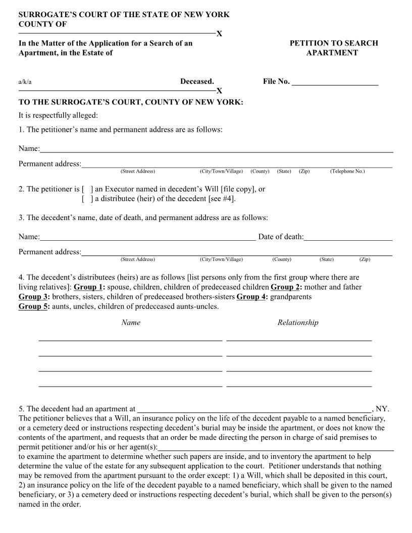 Petition to Search Apartment (Surrogates Court - County Of NY) | Pdf Fpdf Docx | New York