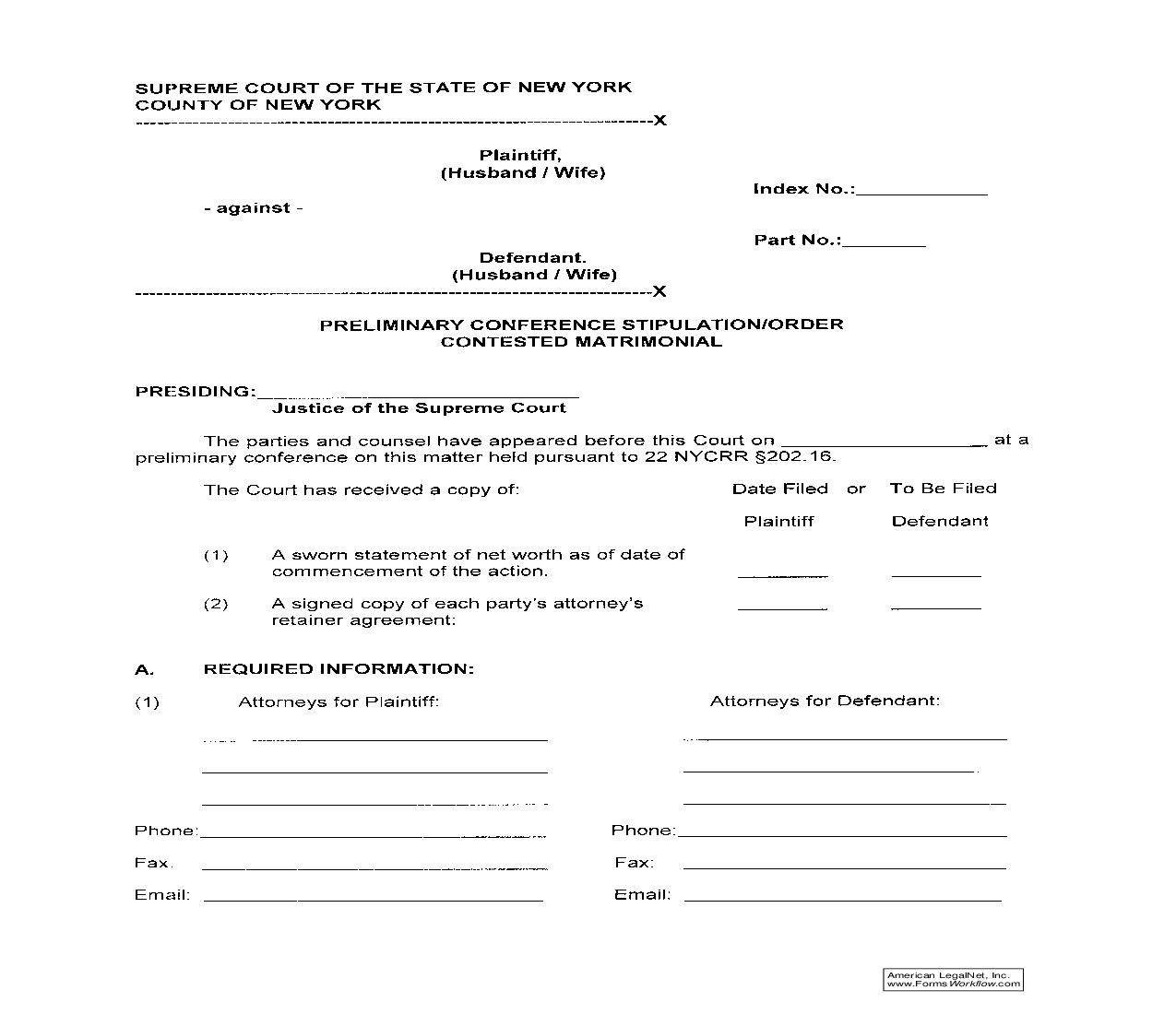 Preliminary Conference Stipulation-Order (Contested Matrimonial) | Pdf Fpdf Doc Docx | New York