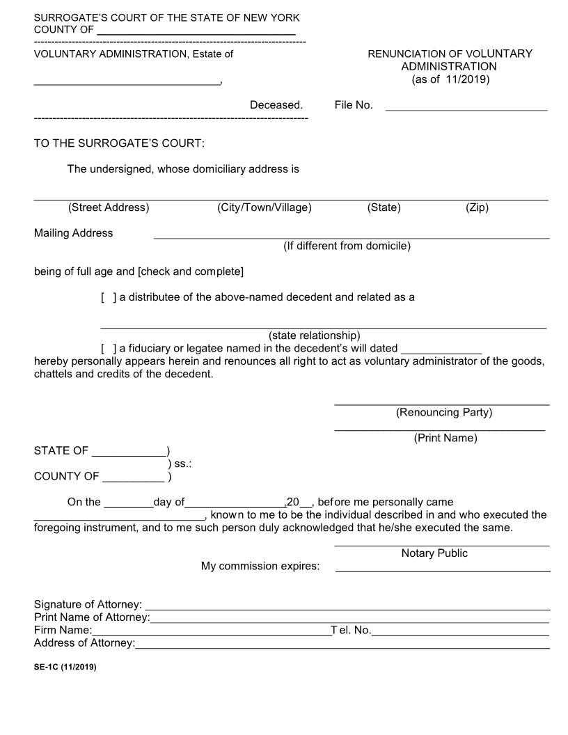 Renunciation Of Voluntary Administration (Surrogates Court - County Of NY) | Pdf Fpdf Docx | New York