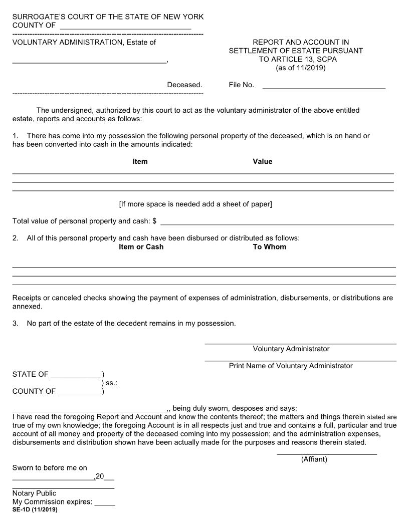 Report And Account Settlement Of Estate (Surrogates Court - County Of NY) | Pdf Fpdf Docx | New York