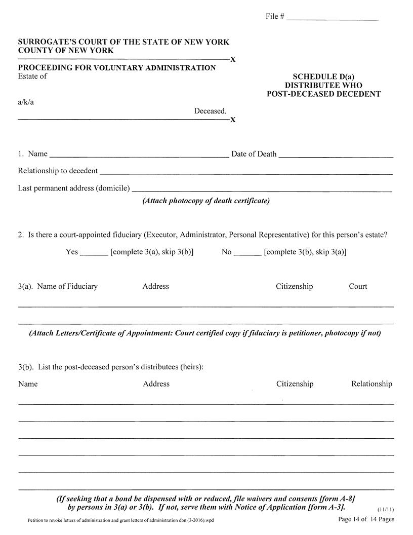 Schedule D(a) Distributee Who Post-Deceased Decedent (Surrogates Court - County Of NY) | Pdf Fpdf Docx | New York