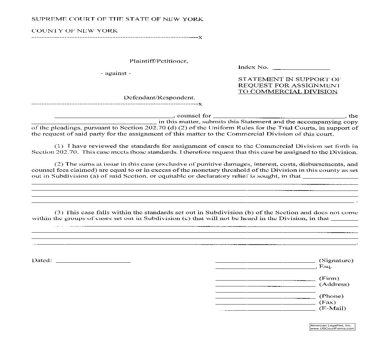 Statement In Support Of Request For Assignment To Commercial Division | Pdf Fpdf Doc Docx | New York