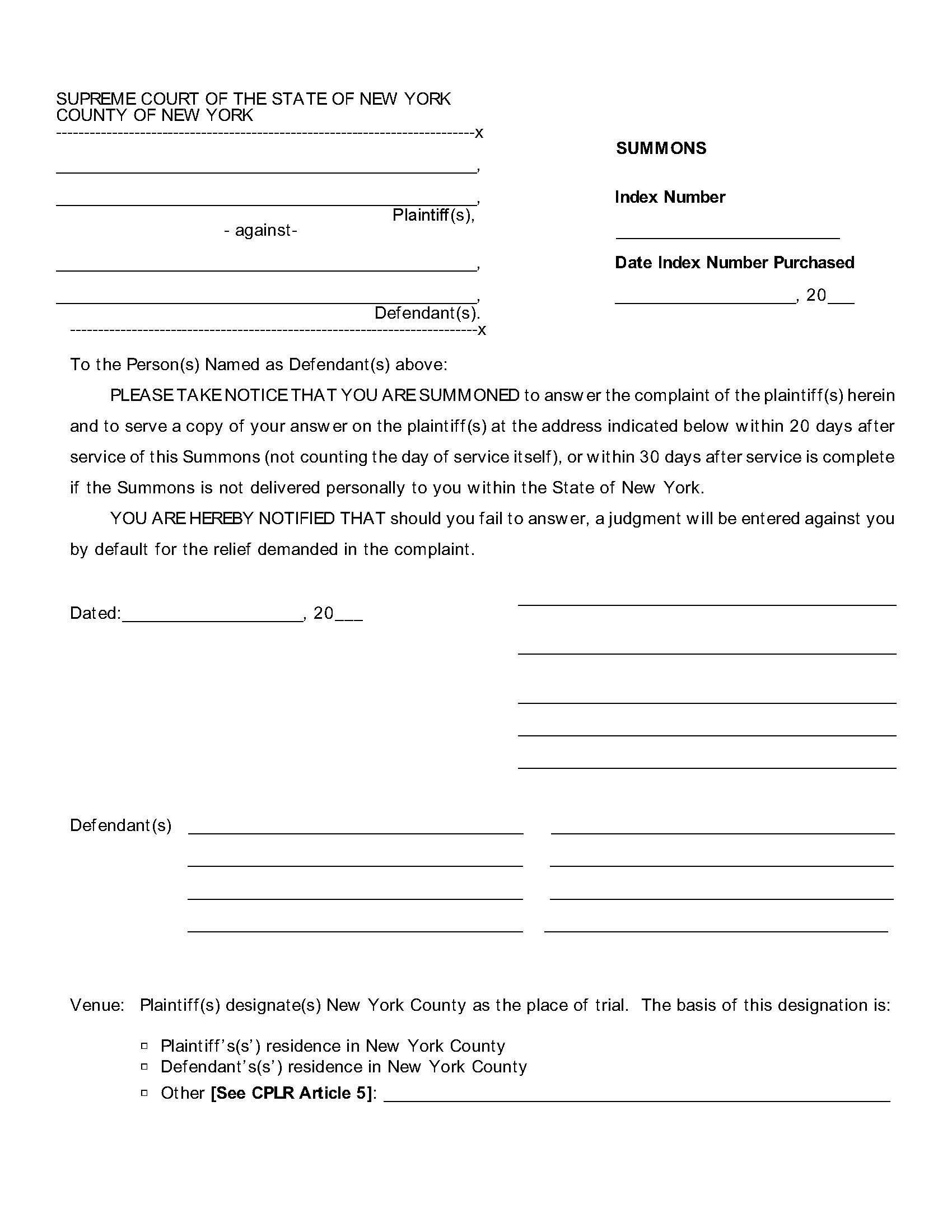 Summons (Sample And Form) | Pdf Fpdf Doc Docx | New York