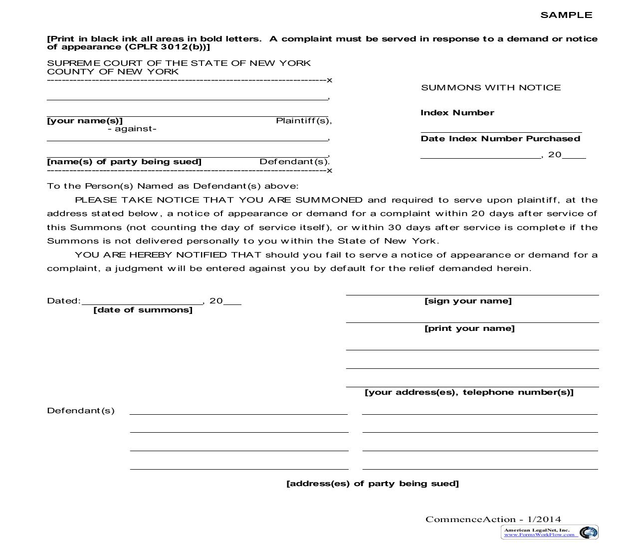 Summons With Notice (Sample And Form) | Pdf Fpdf Doc Docx | New York
