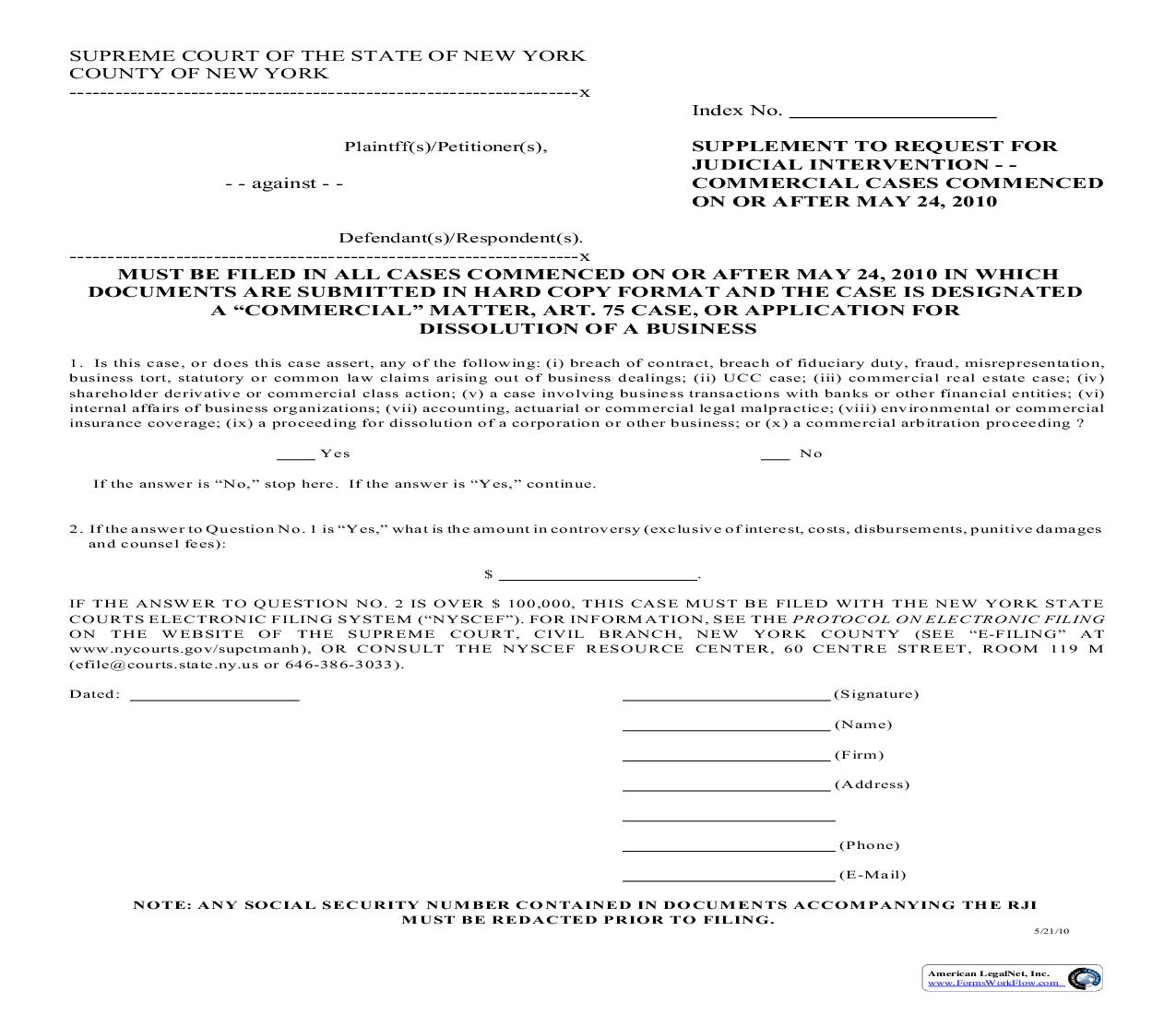 Supplement To Request For Judicial Intervention (Commercial Cases From 5-24-10 On) | Pdf Fpdf Doc Docx | New York