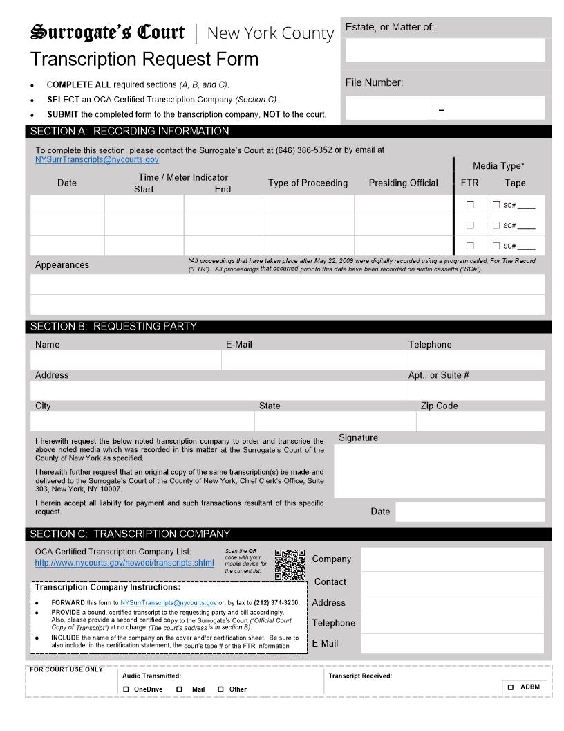 Transcription Request Form (Surrogates Court - County Of NY) | Pdf Fpdf Docx | New York