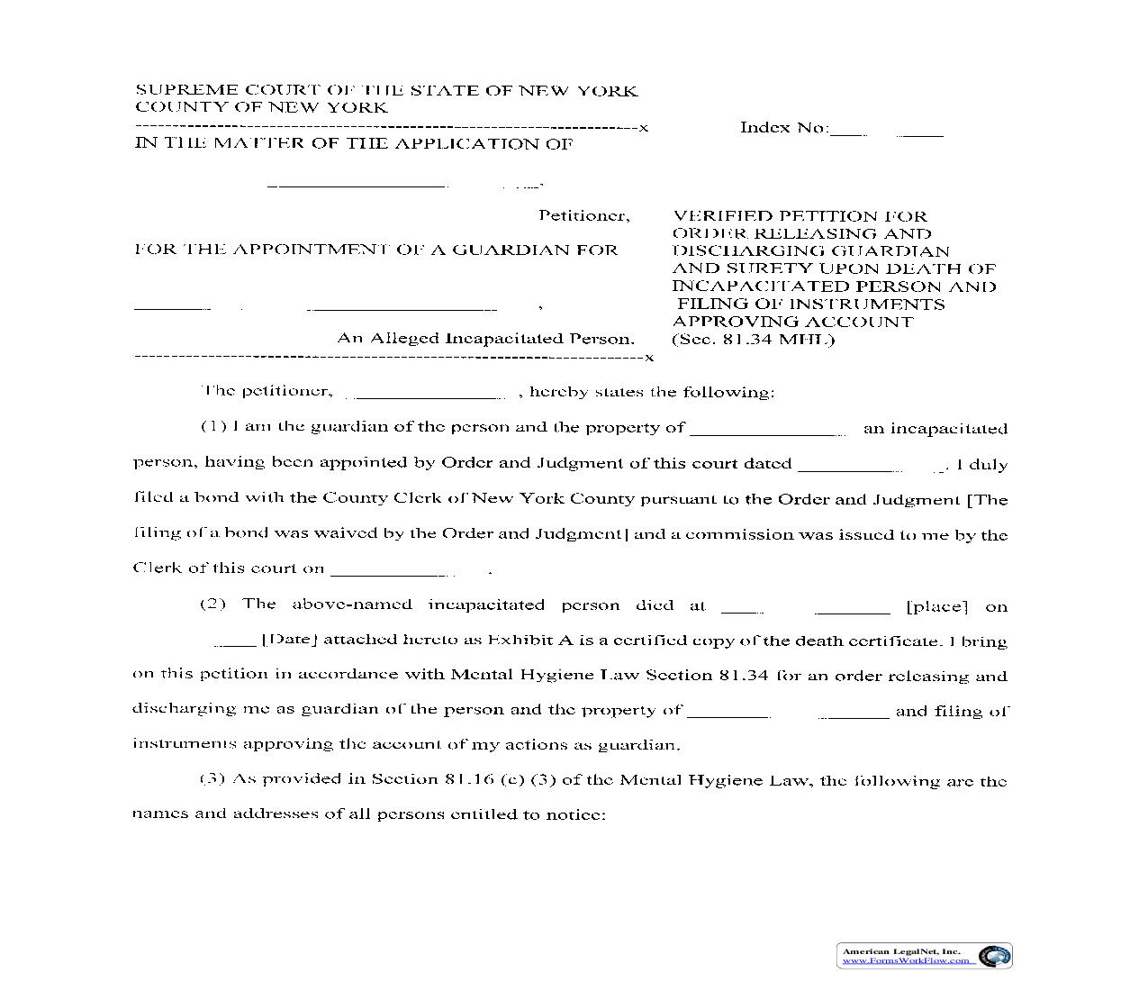 Verified Petition For Order Releasing Discharging Guardian And Surety Death Of Incapacitated Person | Pdf Fpdf Doc Docx | New York
