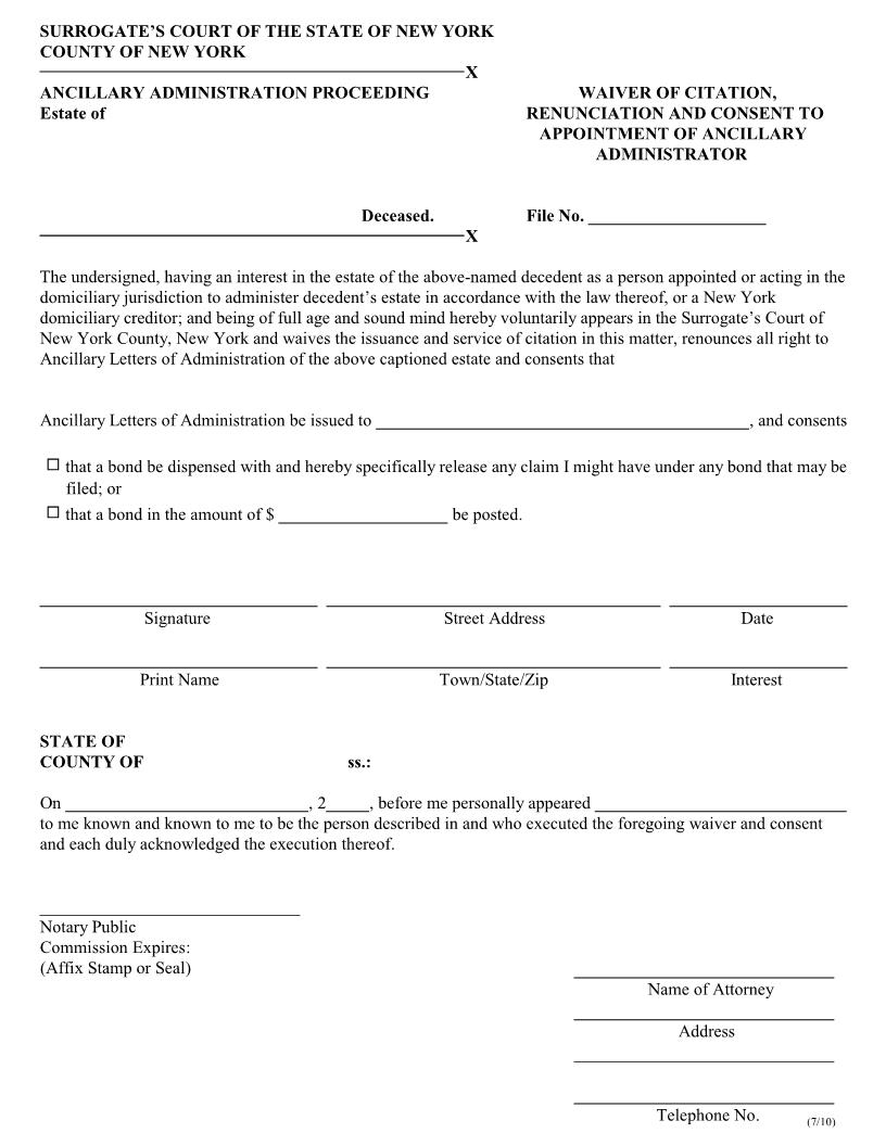 Waiver Of Citation Renunciation Consent To Ancillary Administrator (Surrogates Court - County Of NY) | Pdf Fpdf Docx | New York