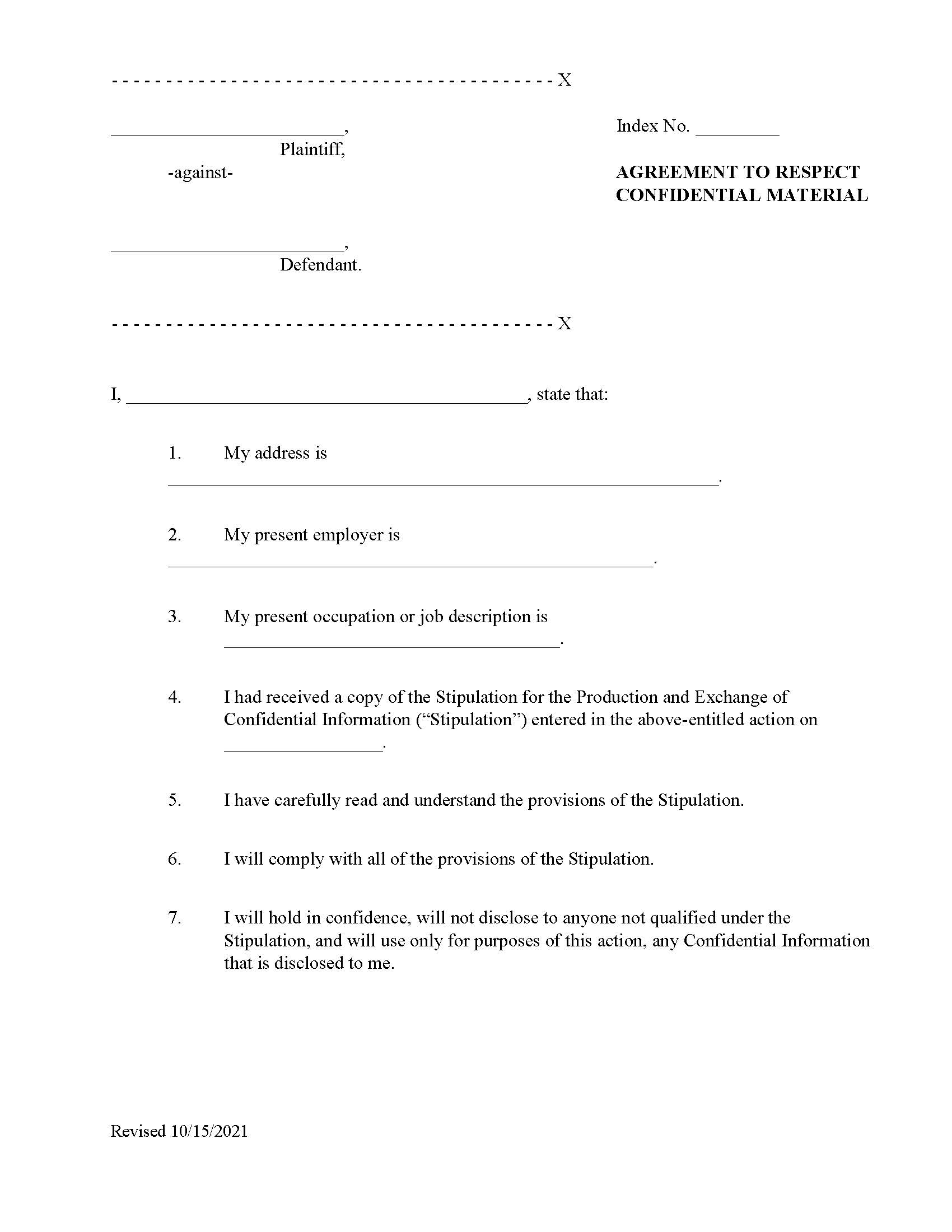 Agreement To Respect Confidential Material (Judge Borrok) {CoNY-ARCMPt53} | Pdf Fpdf Docx | New York