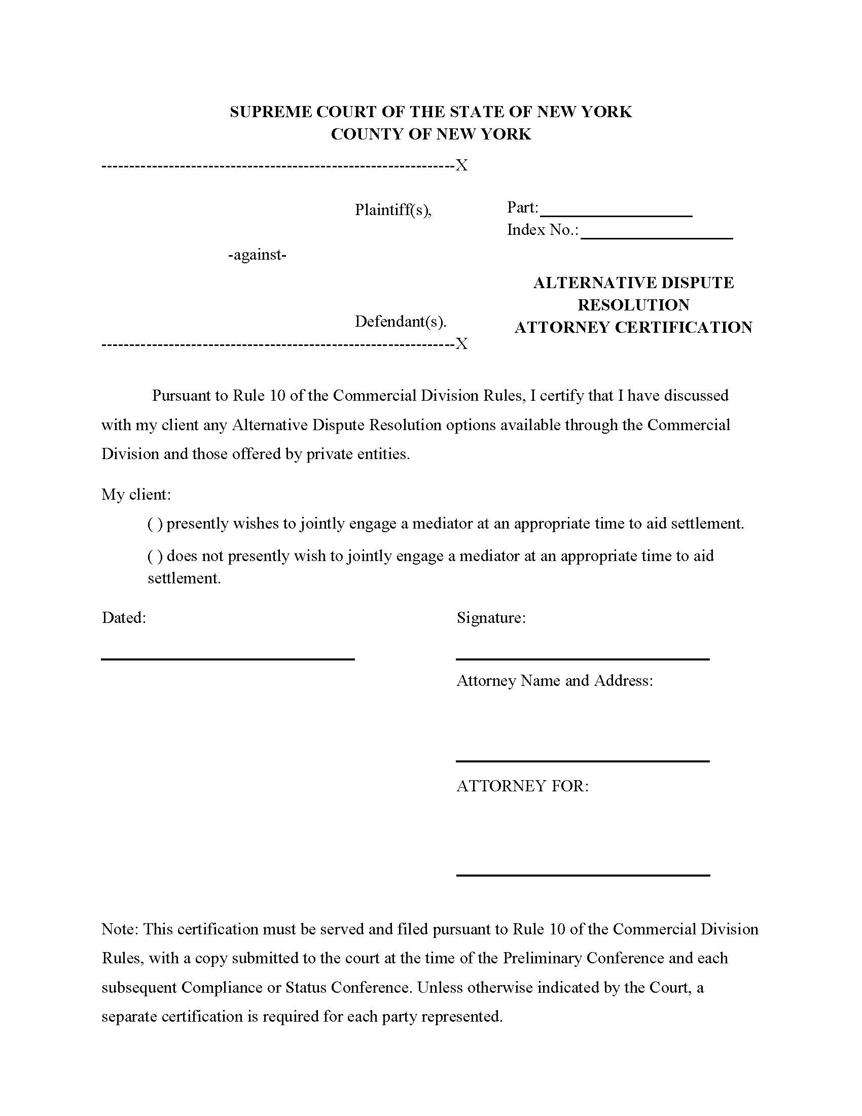 Alternative Dispute Resolution Attorney Certification (Commercial Division Rule10) | Pdf Fpdf Docx | New York