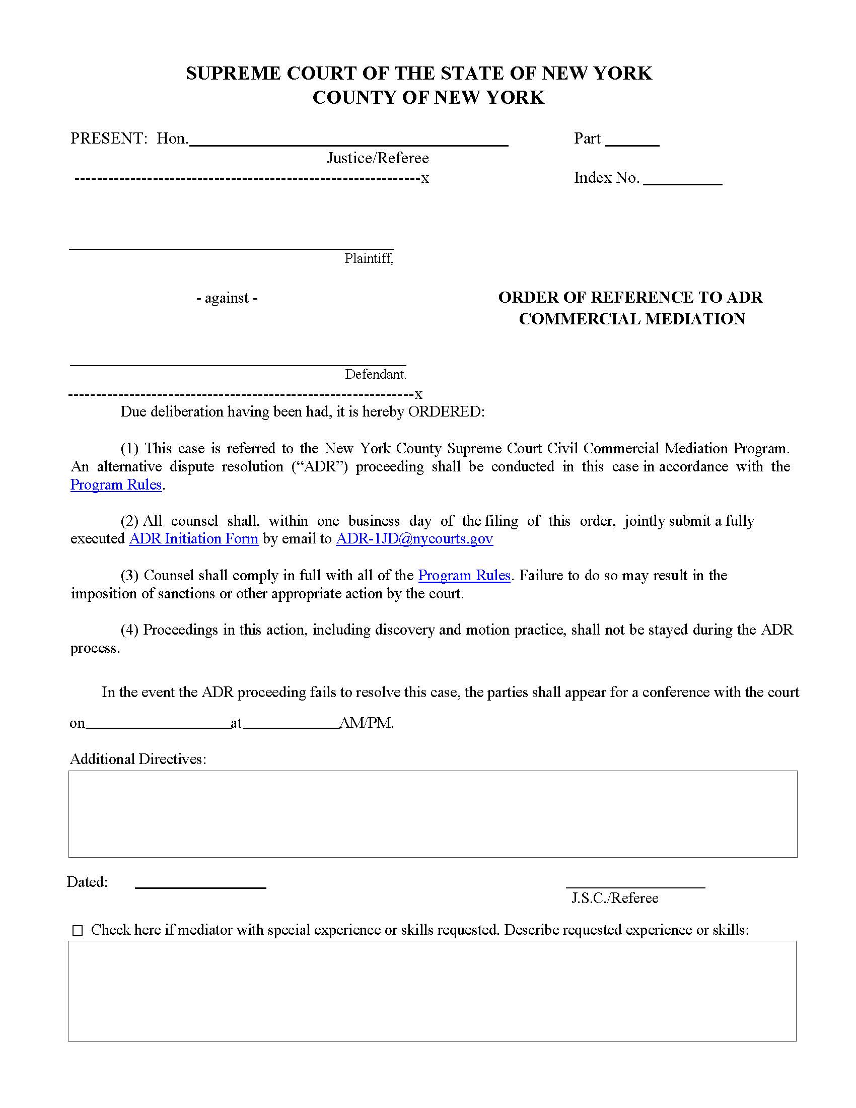 Order Of Reference To ADR Commercial Mediation | Pdf Fpdf Docx | New York
