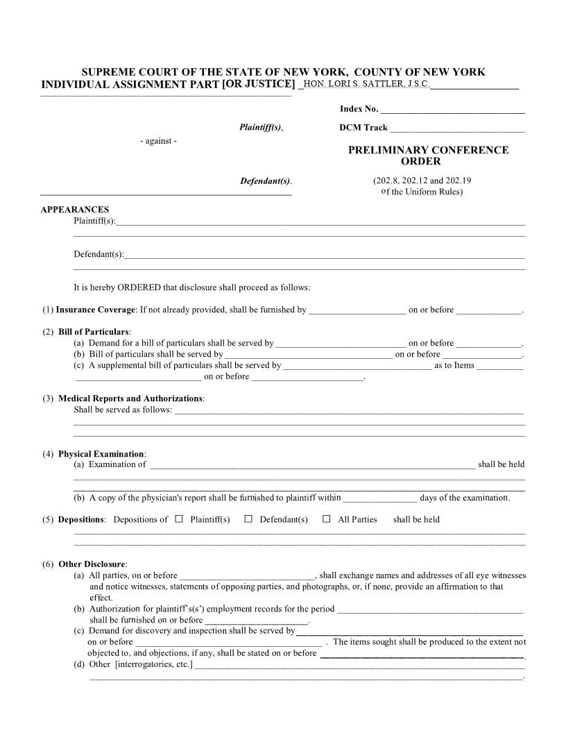 Preliminary Conference Order (Part 2 - Judge Sattler) {CoNY PCOPt2} | Pdf Fpdf Docx | New York