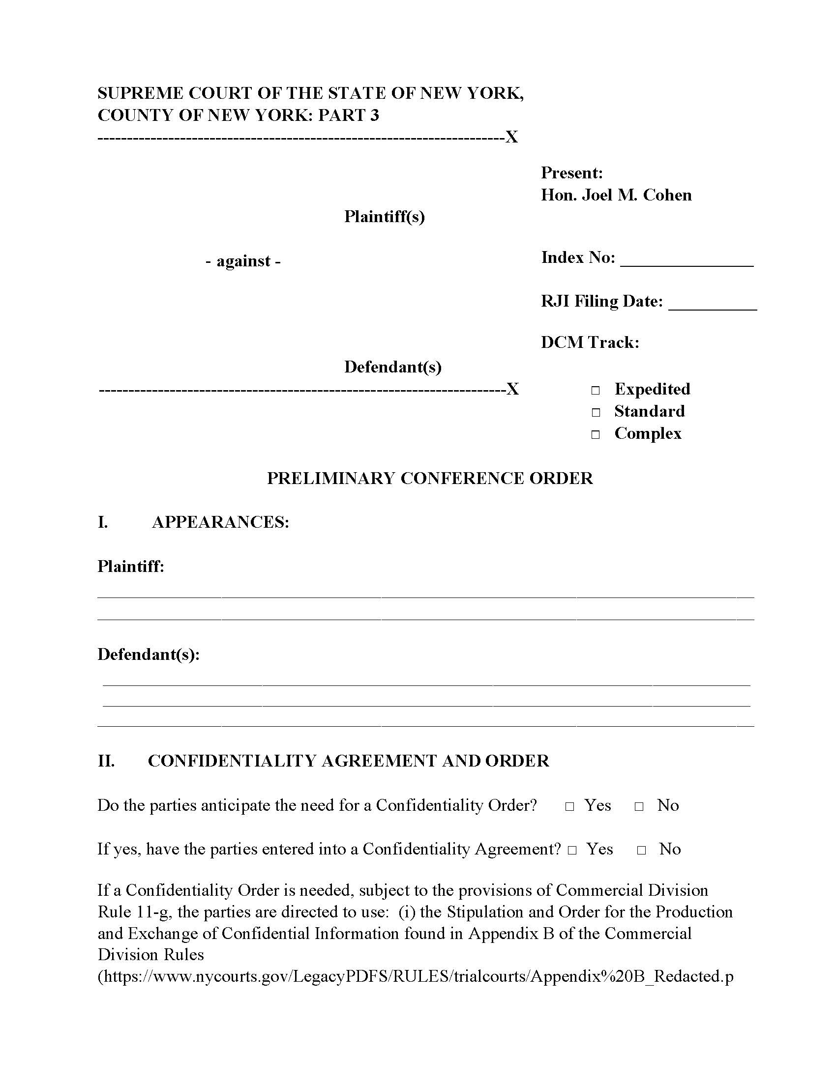 Preliminary Conference Order (Part 3 Judge Cohen) {CoNY-PCOPt3) | Pdf Fpdf Docx | New York
