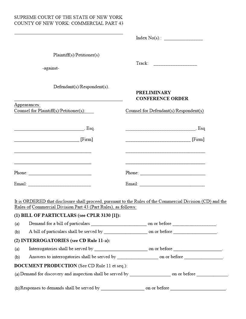 Preliminary Conference Order (Part 43 Judge Reed) {CoNY-PCOPt43) | Pdf Fpdf Docx | New York