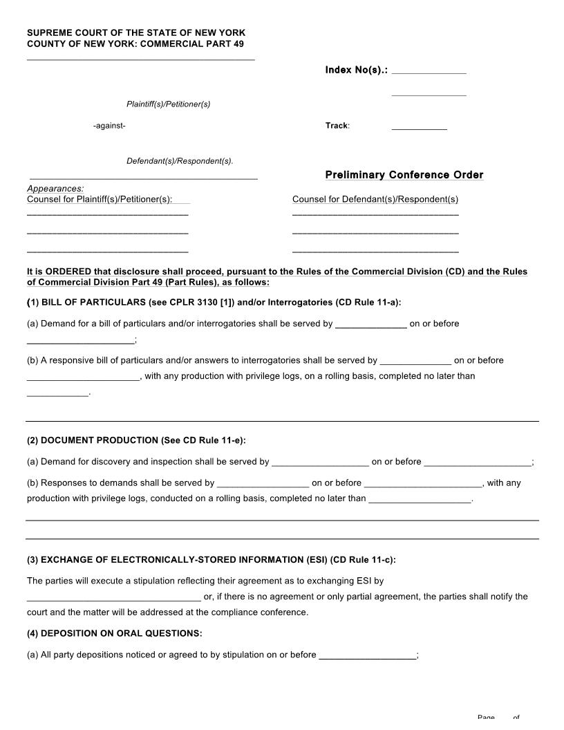 Preliminary Conference Order (Part 49 Judge Chan) {CoNY-PCOPt49) | Pdf Fpdf Docx | New York