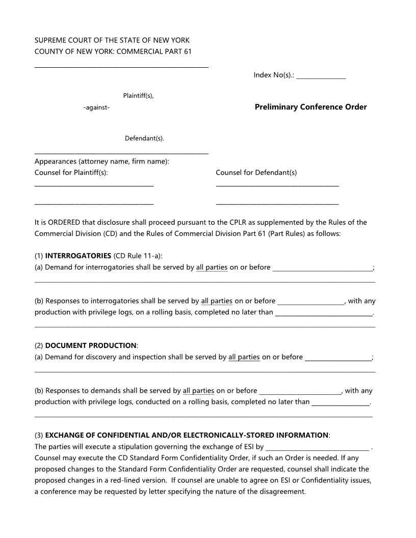Preliminary Conference Order (Part 61 Judge Ostrager) | Pdf Fpdf Docx | New York
