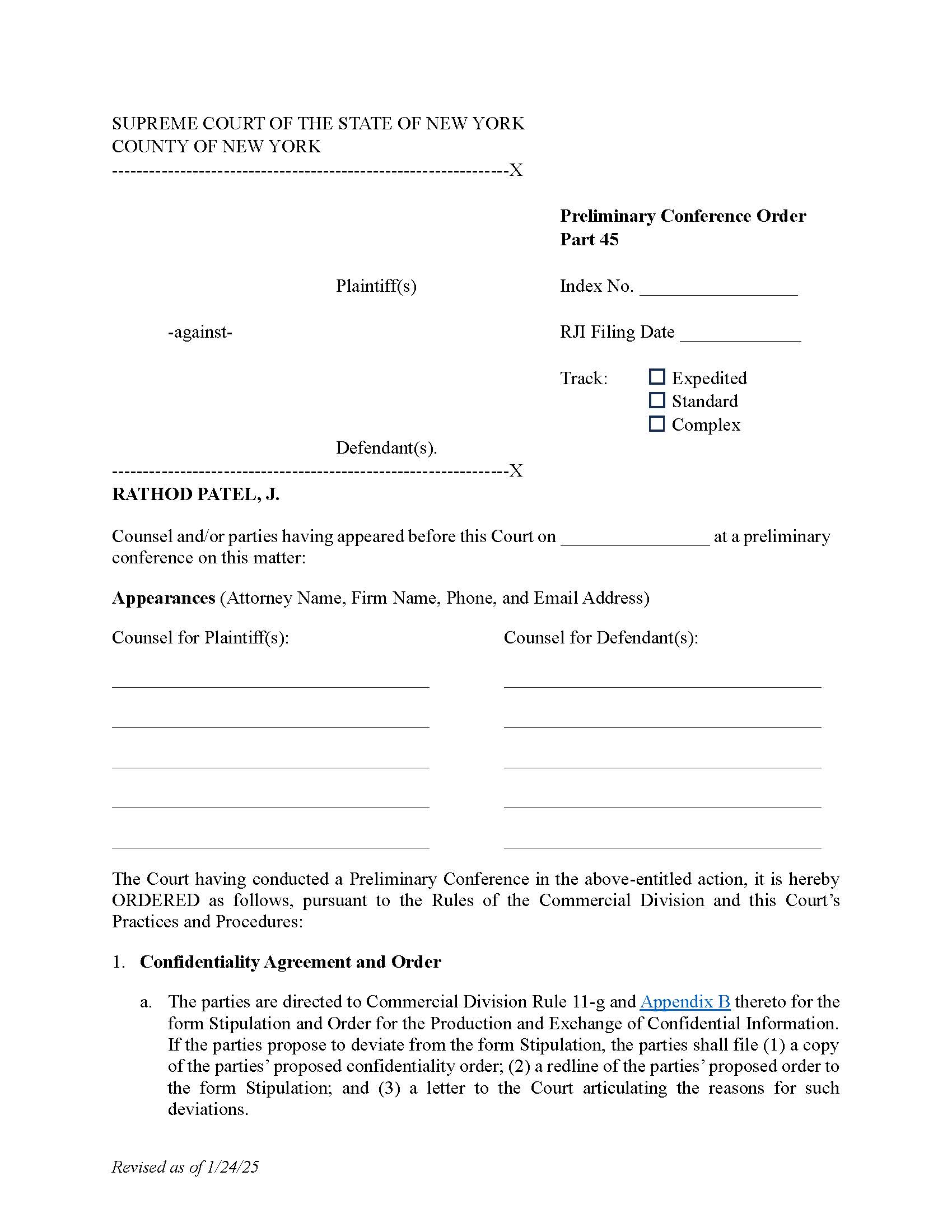 Preliminary Conference Order Part 45 (Judge Patel) | Pdf Fpdf Docx | New York