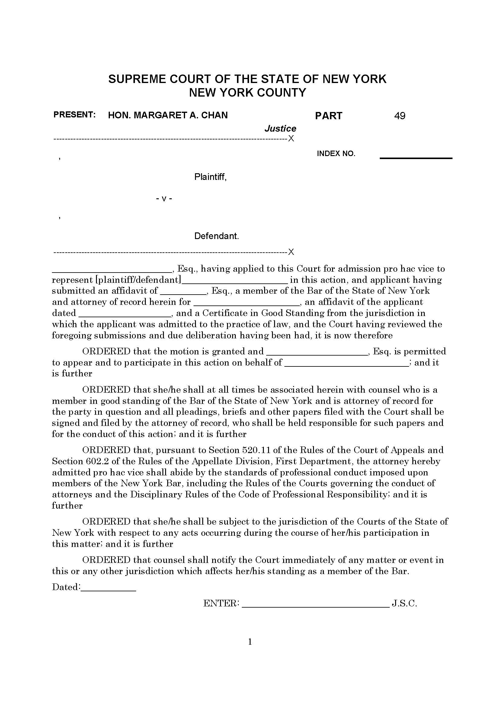 Proposed Order For Admission PHV (Part 49 - Judge Chan) {1JD PHV-MAC} | Pdf Fpdf Docx | New York