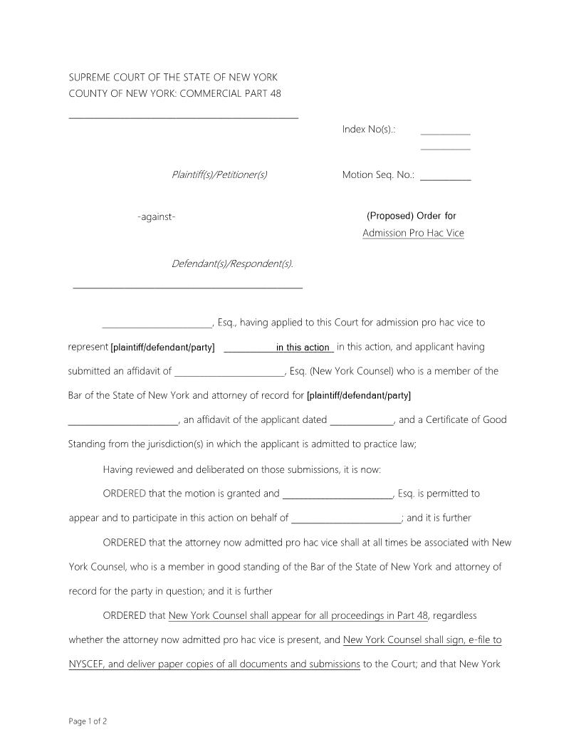 Proposed Order For Admission Pro Hac Vice (Part 48 Judge Masley) {CoNY-PHVOPt48} | Pdf Fpdf Docx | New York