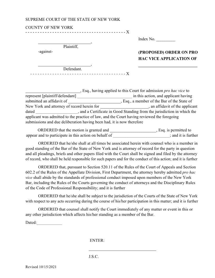 Proposed Order On Pro Hac Vice Application (Part 53 Judge Borrok) {CoNY-PHVOPt53} | Pdf Fpdf Docx | New York