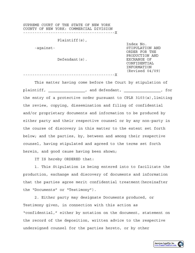 Stipulation And Order For Production And Exchange Of Confidential Information | Pdf Fpdf Docx | New York
