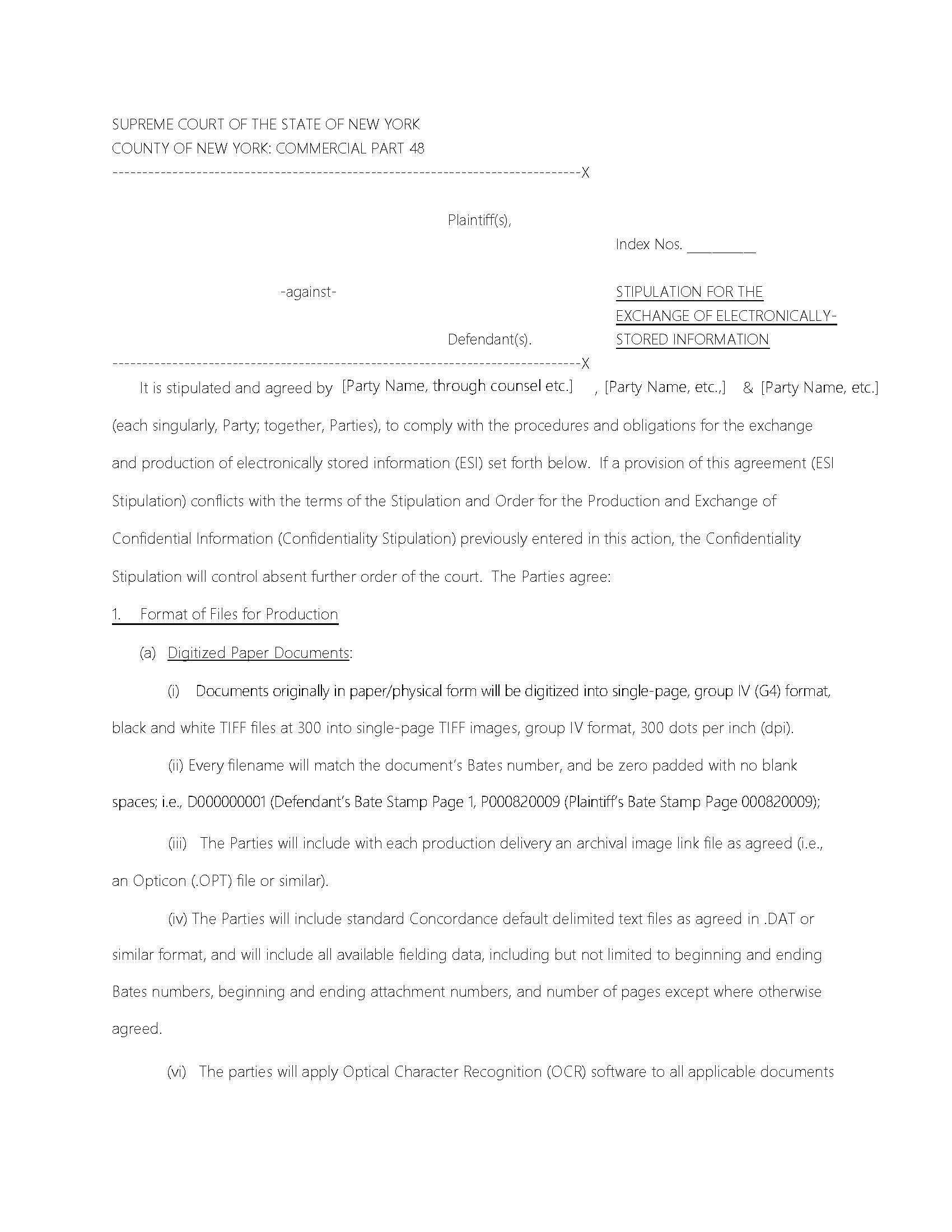 Stipulation For Exchange Electronically Stored Information (Part 48 Judge Masley) {CoNY-SEESI-Pt48} | Pdf Fpdf Docx | New York