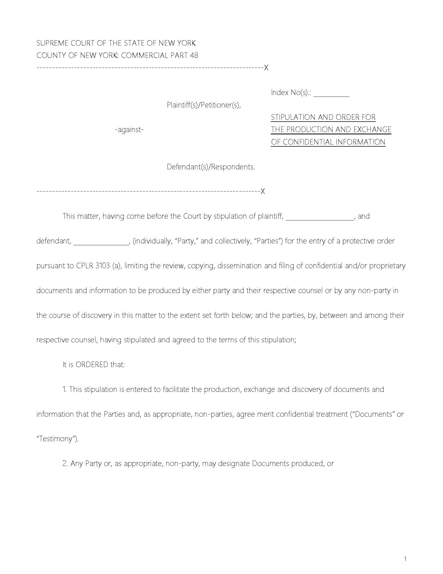 Stipulation Order Production Exchange Confidential Information (Part 48 Judge Masley) {CoNY-SOPECI-Pt48} | Pdf Fpdf Docx | New York