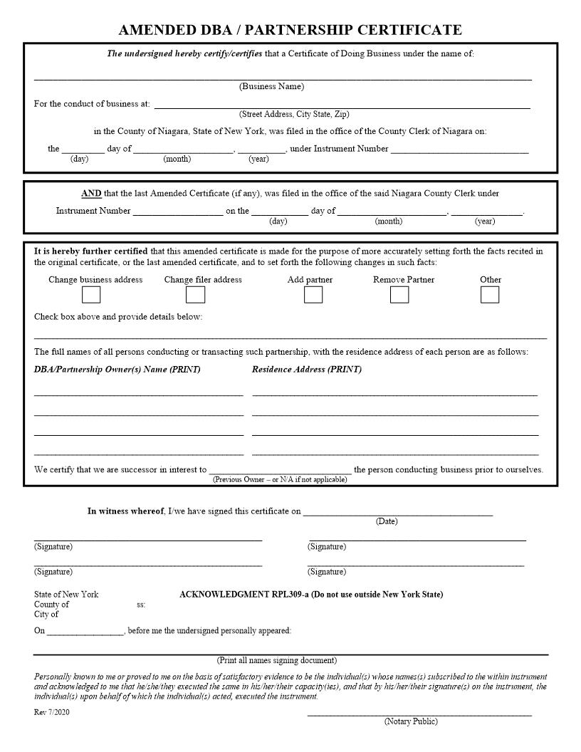 Amended DBA-Partnership Certificate {NIA ADBAPC} | Pdf Fpdf Docx | New York