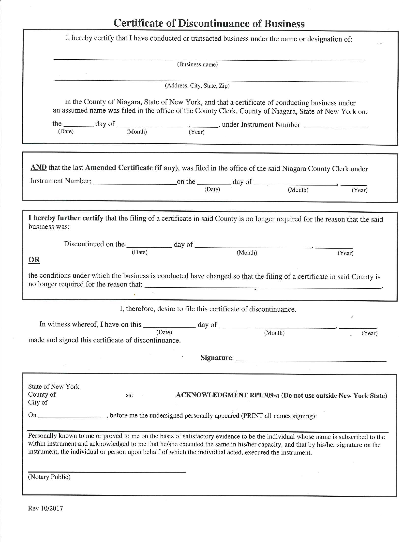 Certificate Of Discontinuance Of Business {NIA CDB} | Pdf Fpdf Docx | New York
