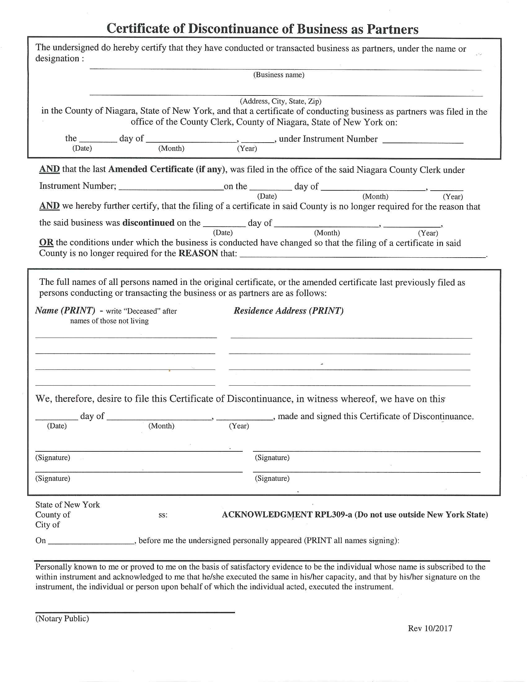 Certificate Of Discontinuance Of Business As Partners {NIA CDBP} | Pdf Fpdf Docx | New York