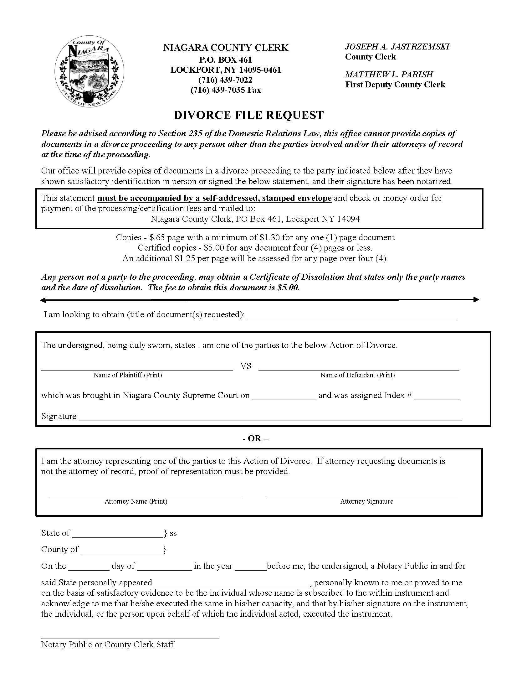 Divorce File Request {NIA DFR} | Pdf Fpdf Docx | New York