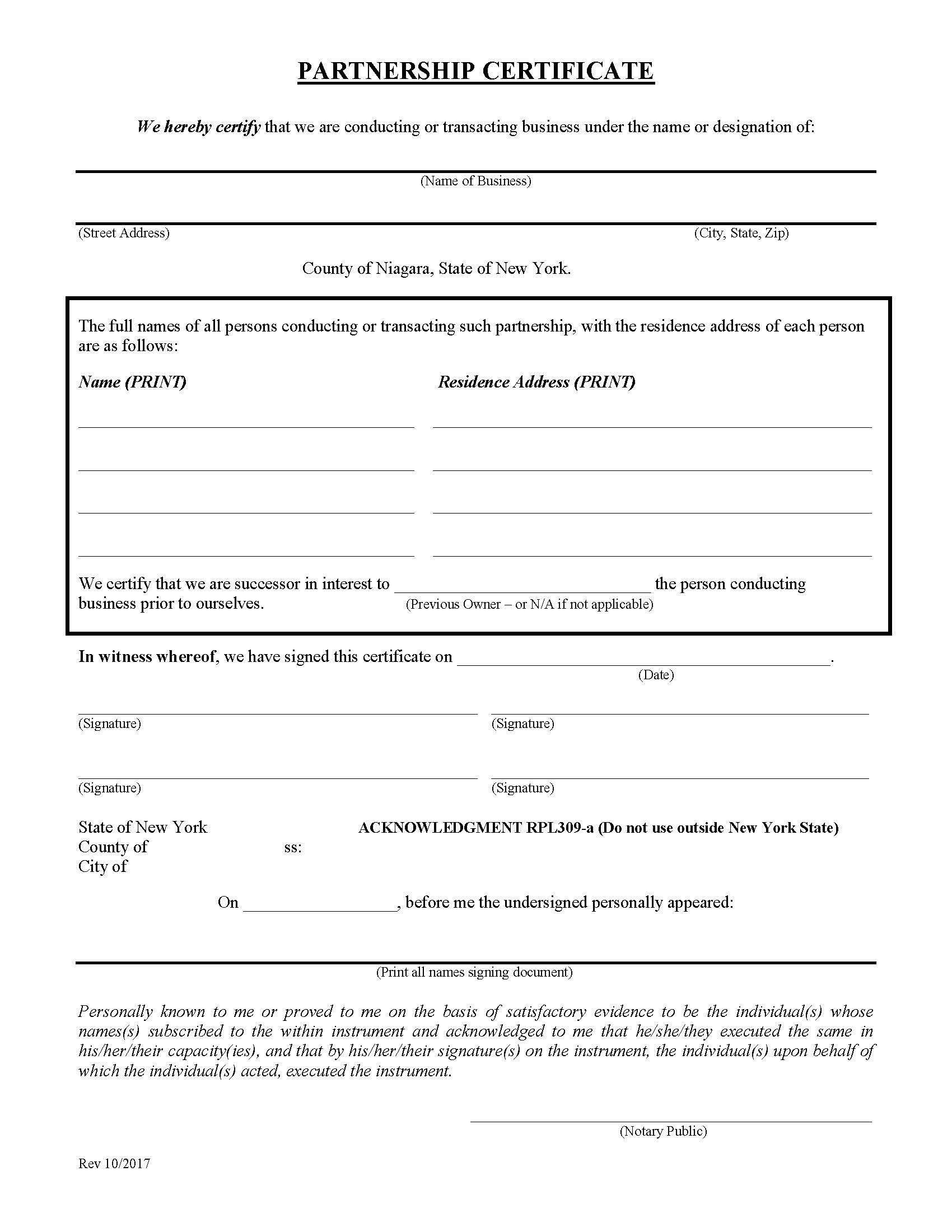 Partnership Certificate {NIA PC} | Pdf Fpdf Docx | New York