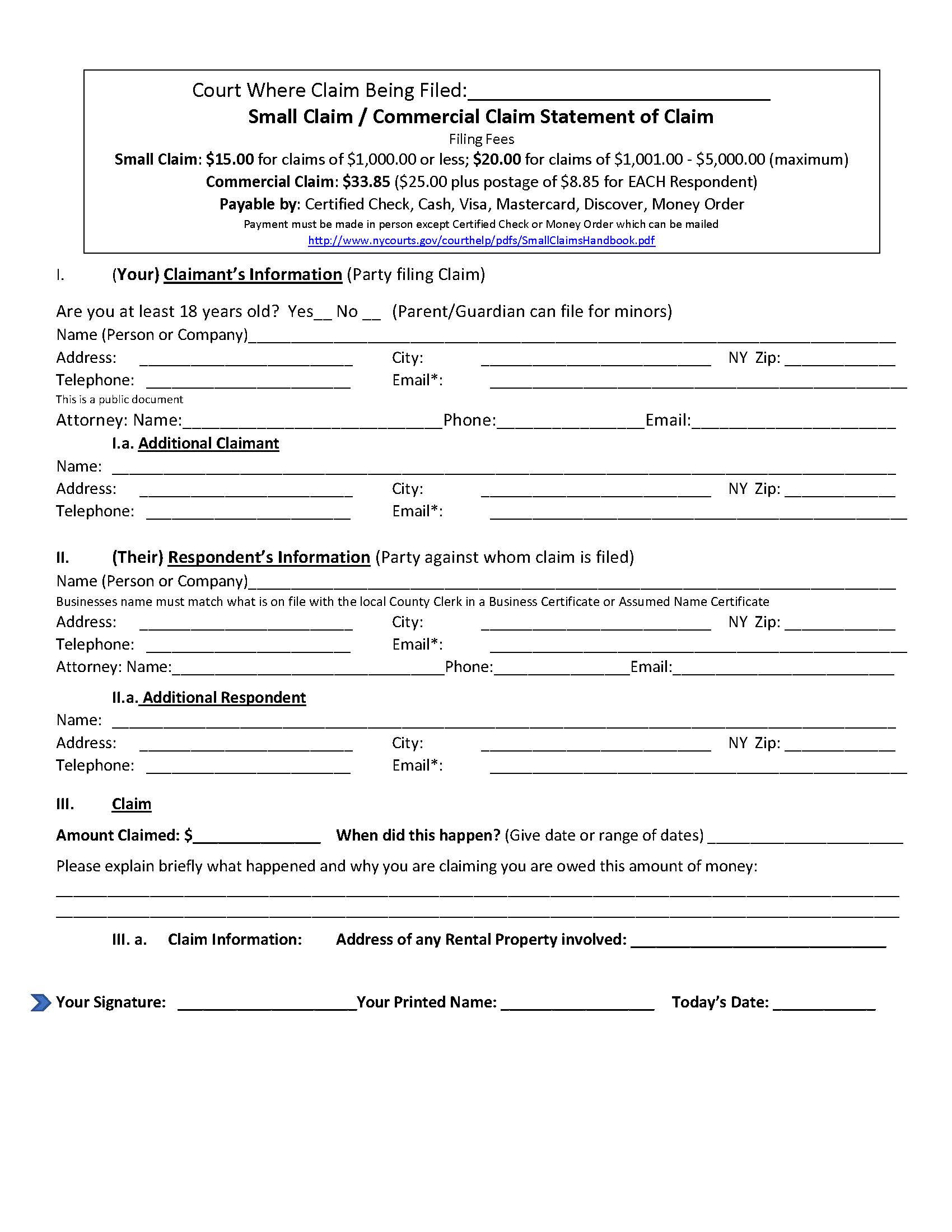 Small Claim-Commercial Claim Statement Of Claim {NIA LOC-SCCCSoC} | Pdf Fpdf Docx | New York