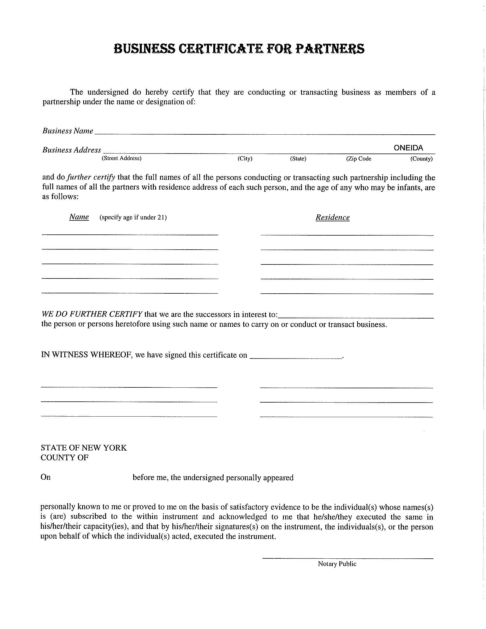 Business Certificate For Partners | Pdf Fpdf Docx | New York