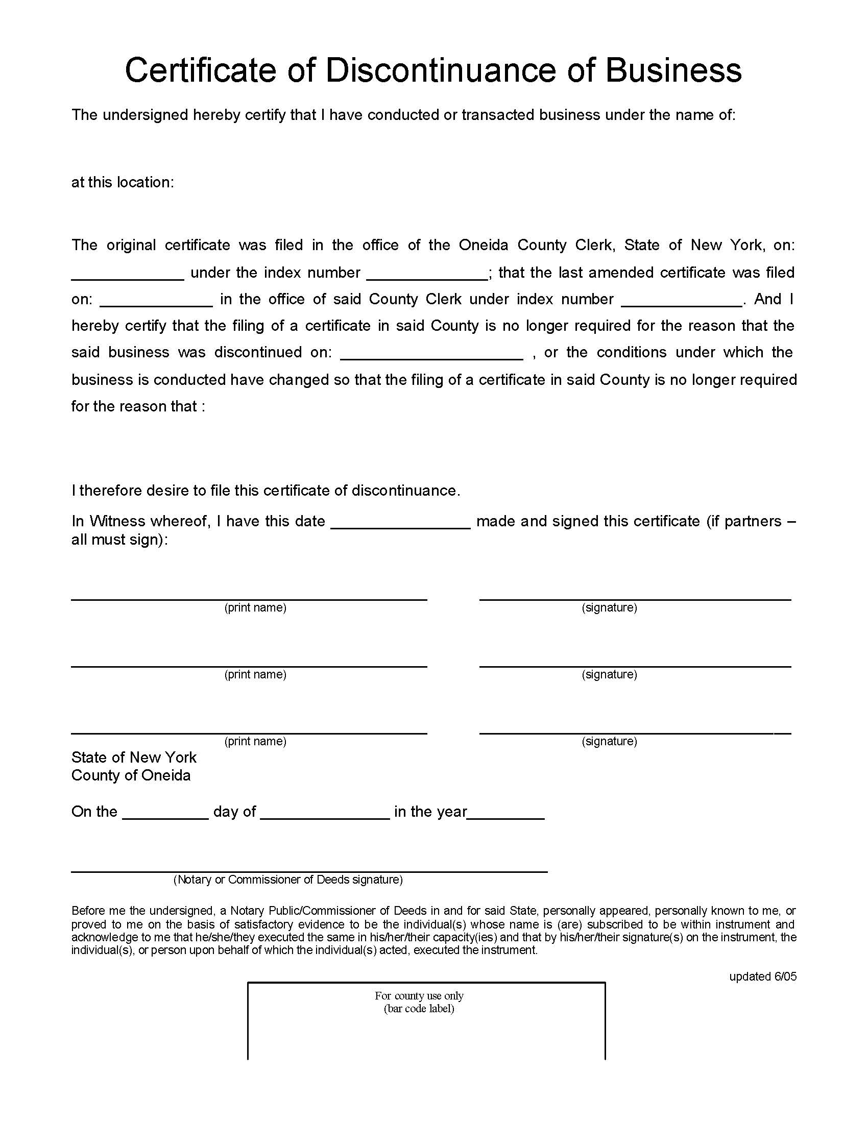 Certificate Of Discontinuance Of Business | Pdf Fpdf Docx | New York