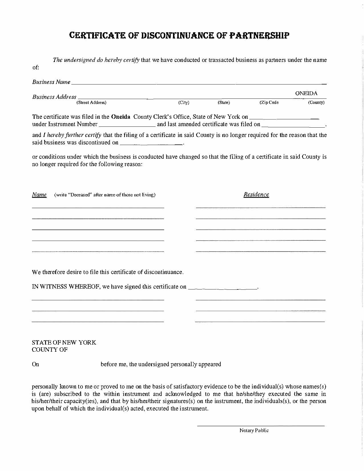 Certificate Of Discontinuance Of Partnership | Pdf Fpdf Docx | New York