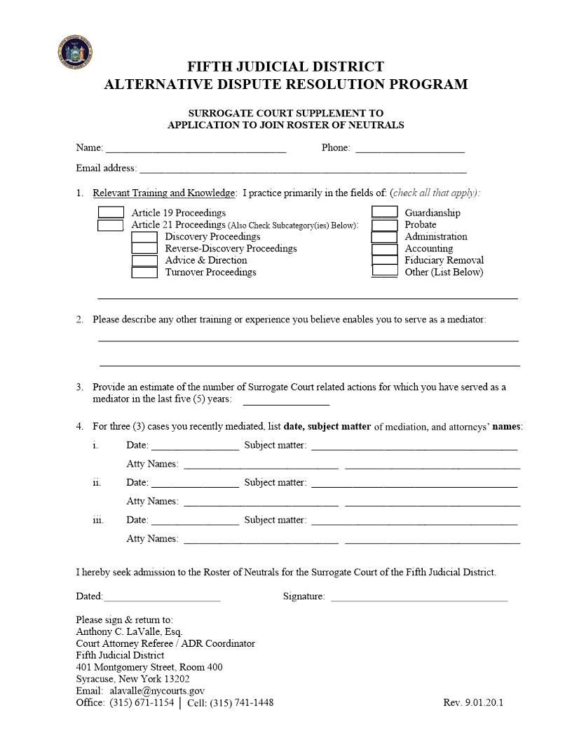 Surrogate Court Supplement To Application To Join Roster Of Neutrals {5JD SCSAJRN} | Pdf Fpdf Docx | New York