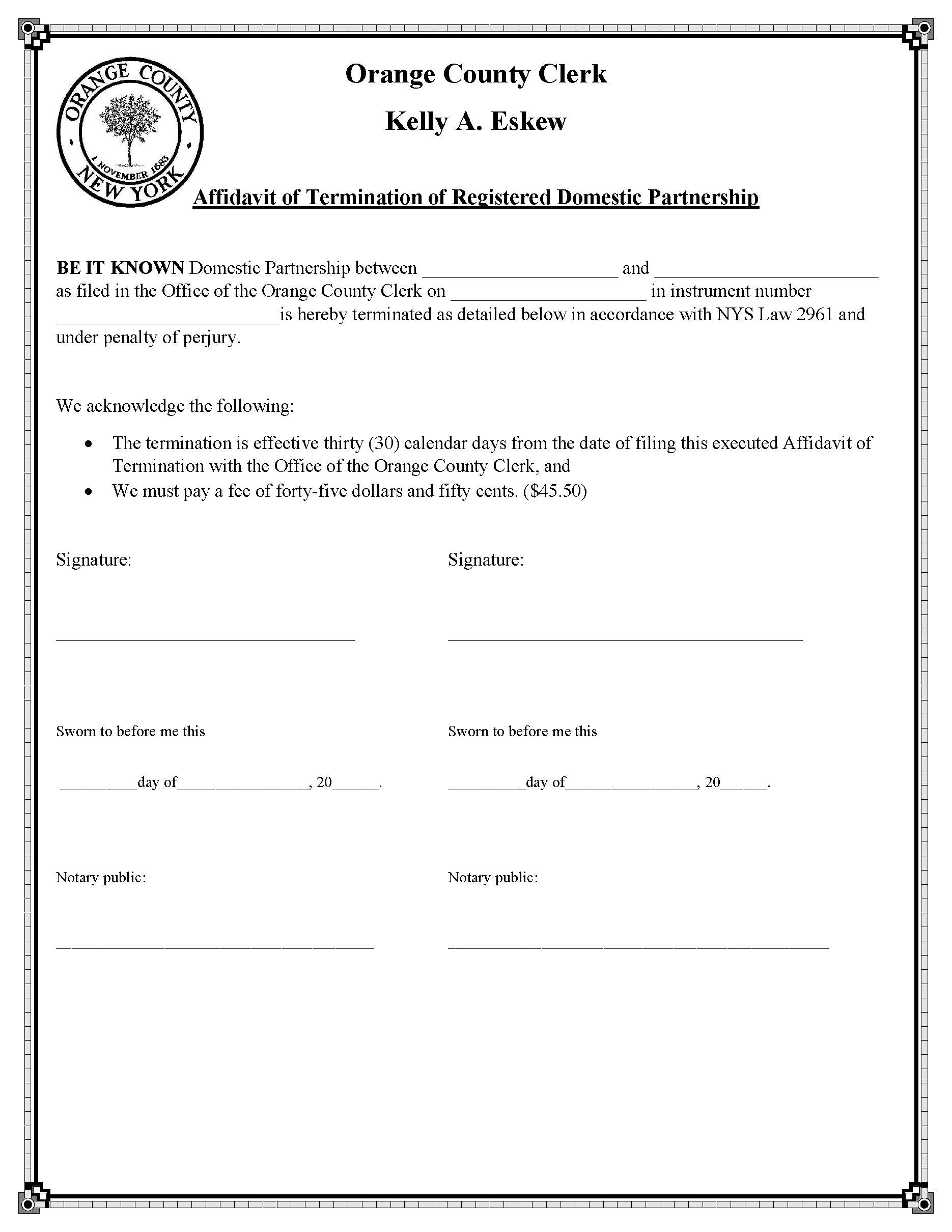 Affidavit Of Termination Of Registered Domestic Partnership | Pdf Fpdf Docx | New York