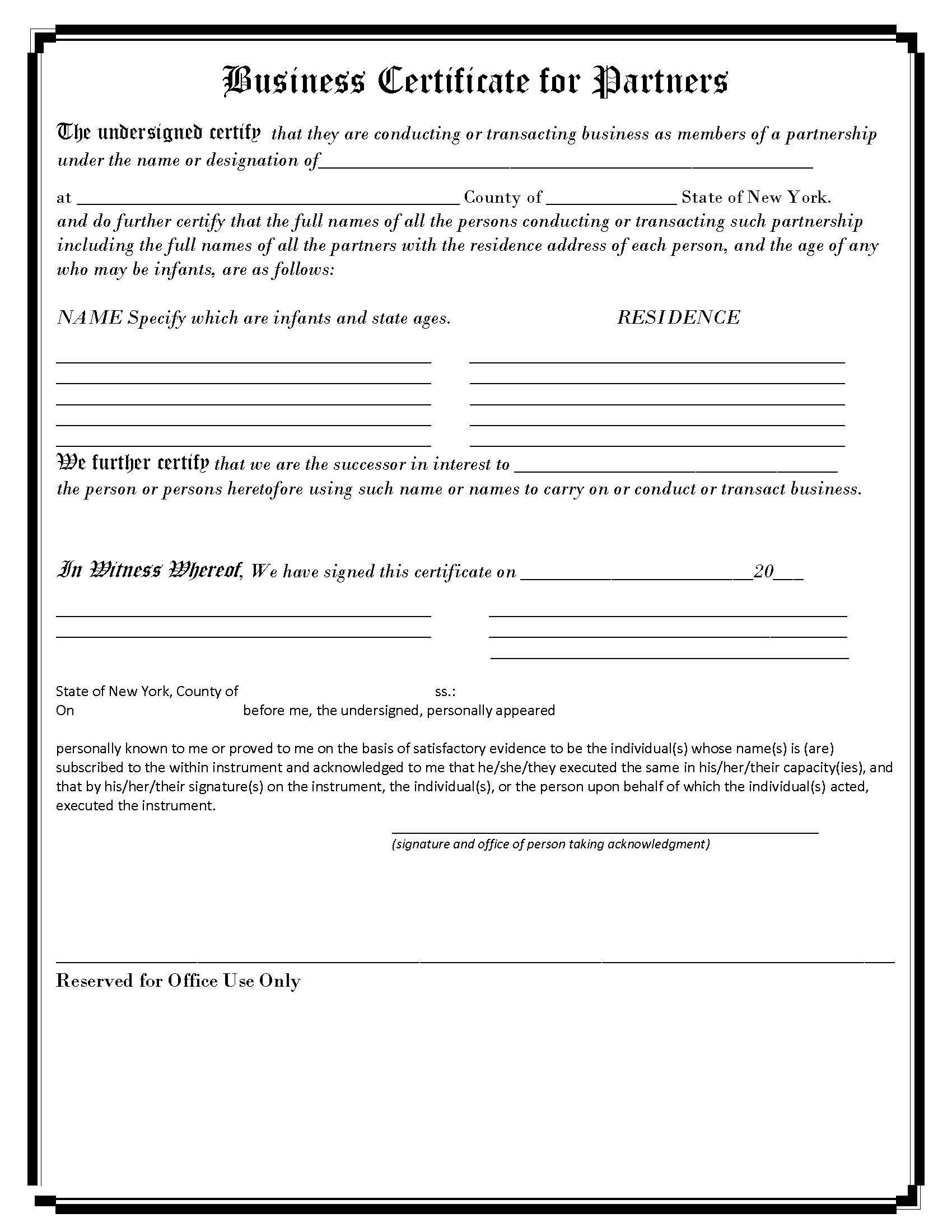 Business Certificate For Partners | Pdf Fpdf Docx | New York