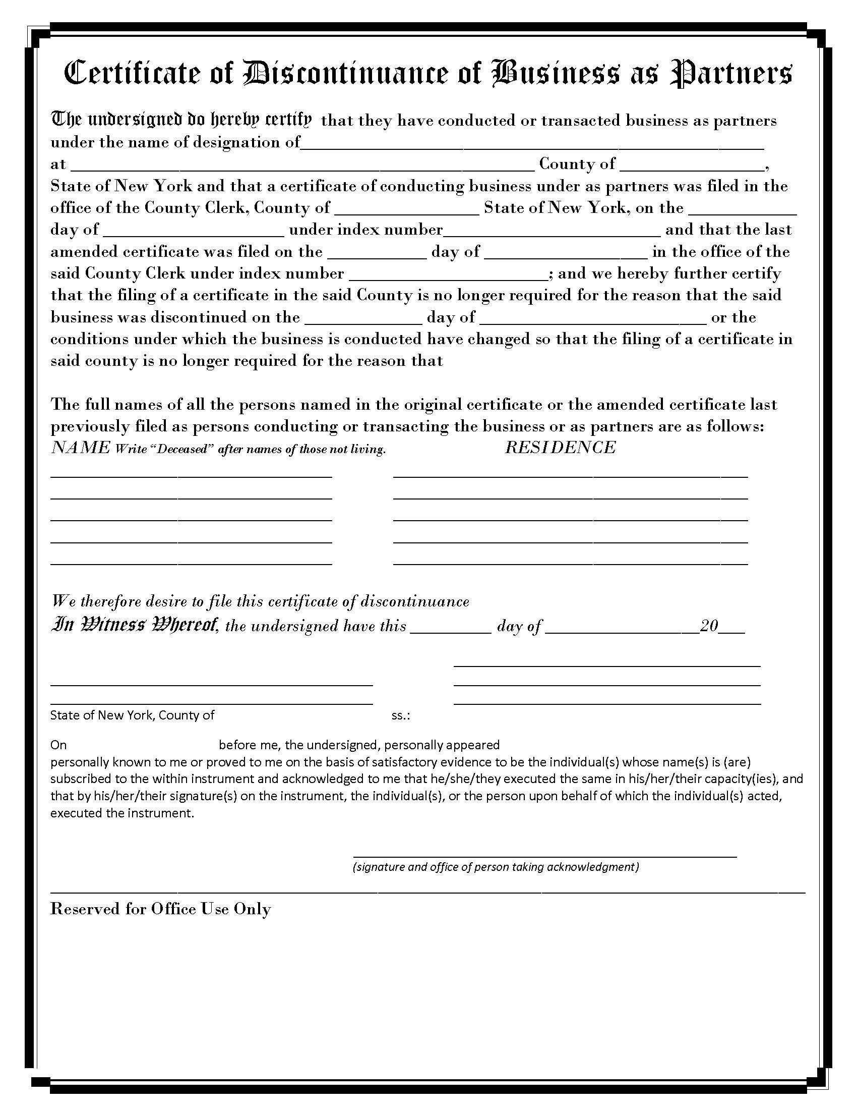 Certificate Of Discontinuance Of Business As Partners | Pdf Fpdf Docx | New York