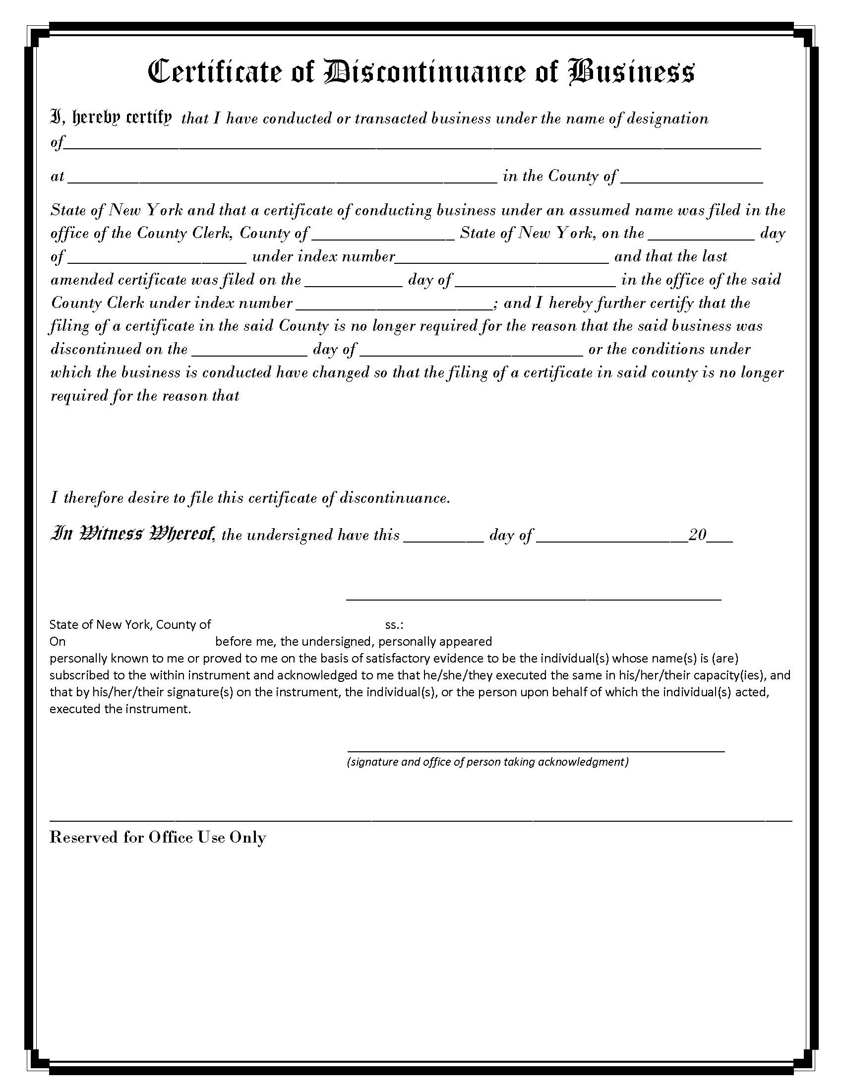 Certificate Of Discontinuance Of Business | Pdf Fpdf Docx | New York