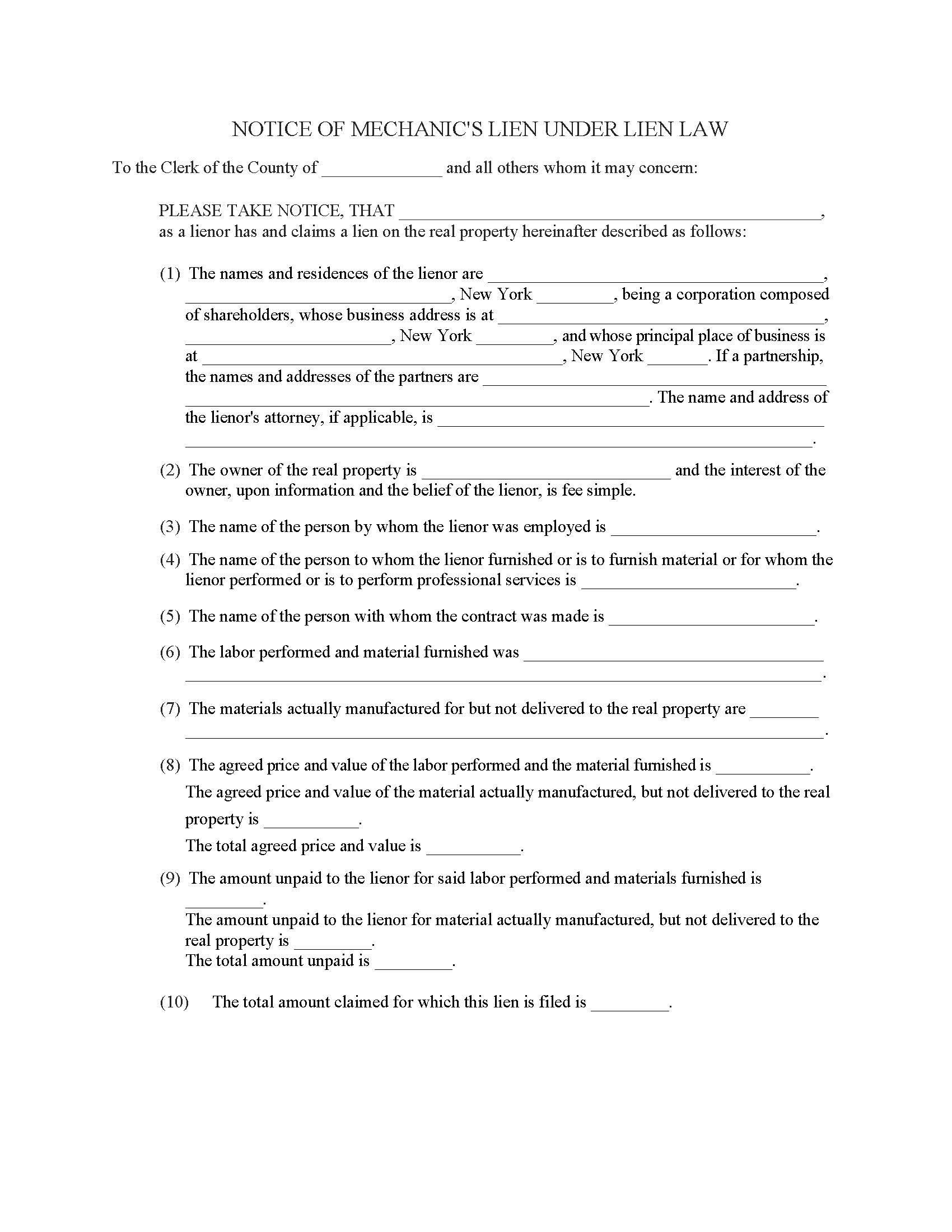 Notice Of Mechanics Lien Under Lien Law | Pdf Fpdf Docx | New York