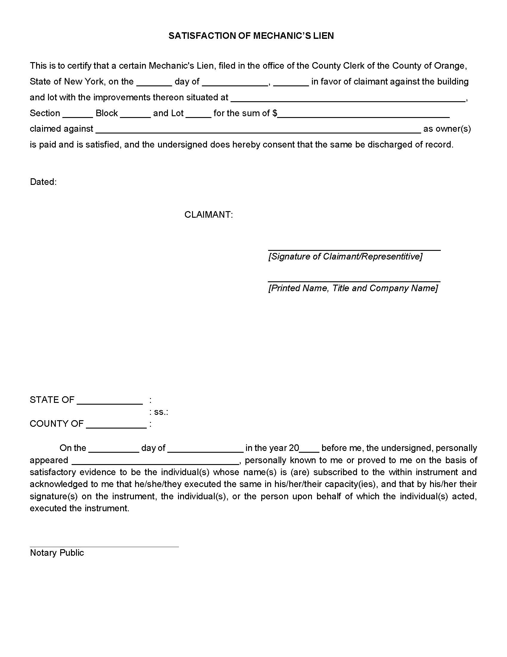 Satisfaction Of Mechanics Lien | Pdf Fpdf Docx | New York